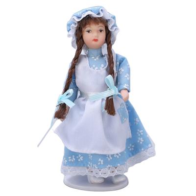 1:12 Dollhouse Ceramic Girl Figures Bendable Joints Girl Doll In Blue with Hood and Braids for Over