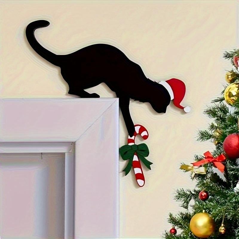 Fun Charming Cat Shaped Christmas Door Corner Decoration-Rustic Imitation Wood Perfect For Holiday Atmosphere
