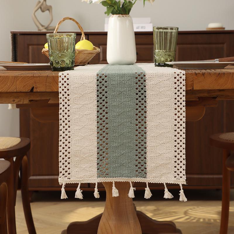 Caminho de mesa com borlas em algodão e linho estilo étnico - Decoração leve e luxuosa para festivais