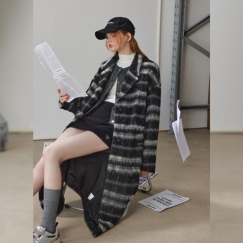 UNIFREE Retro Color-block Wool Blend Long Coat L