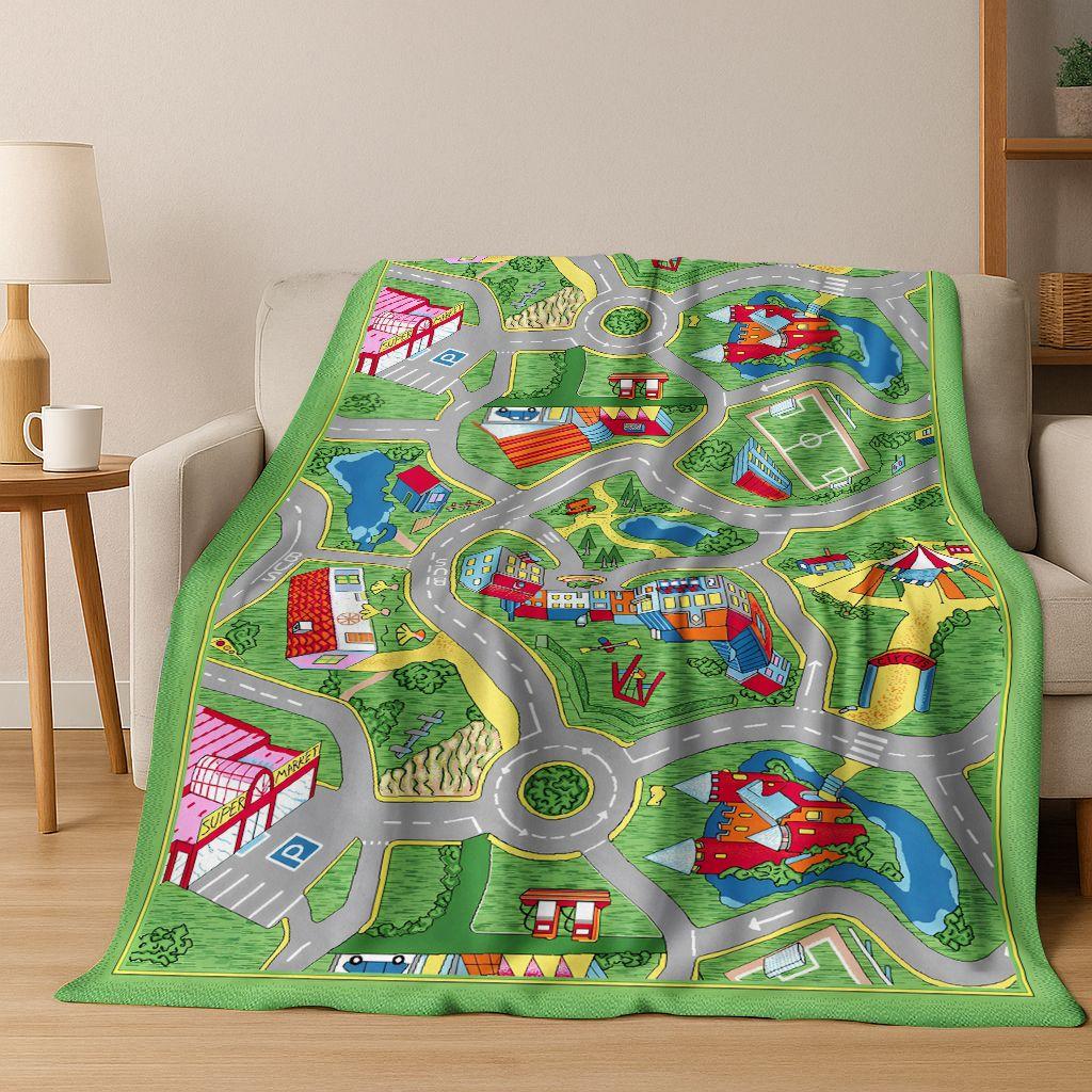 Dětská městská silniční doprava Učící hra Flanelová deka, Útulná měkká přehozová deka na doma do ložnice postele pohovky Kryt Dárek pro děti