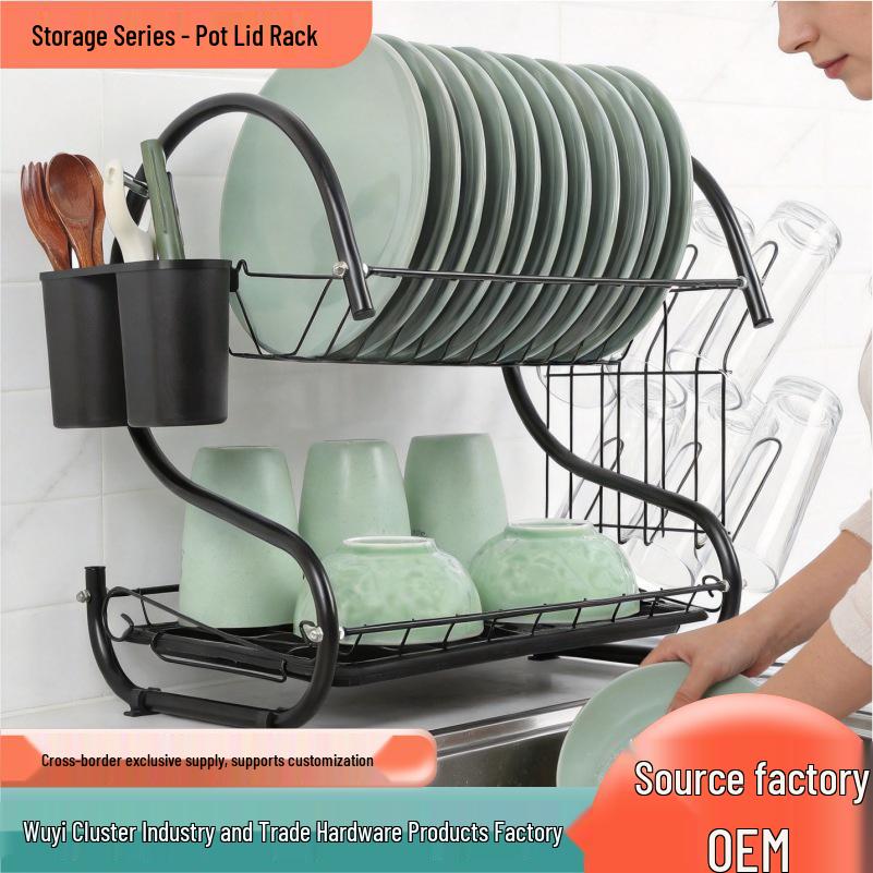 Black Double-Layer Kitchen Organizer: Electroplated Bowl, Plate, and Chopstick Drying Rack with Cup Storage