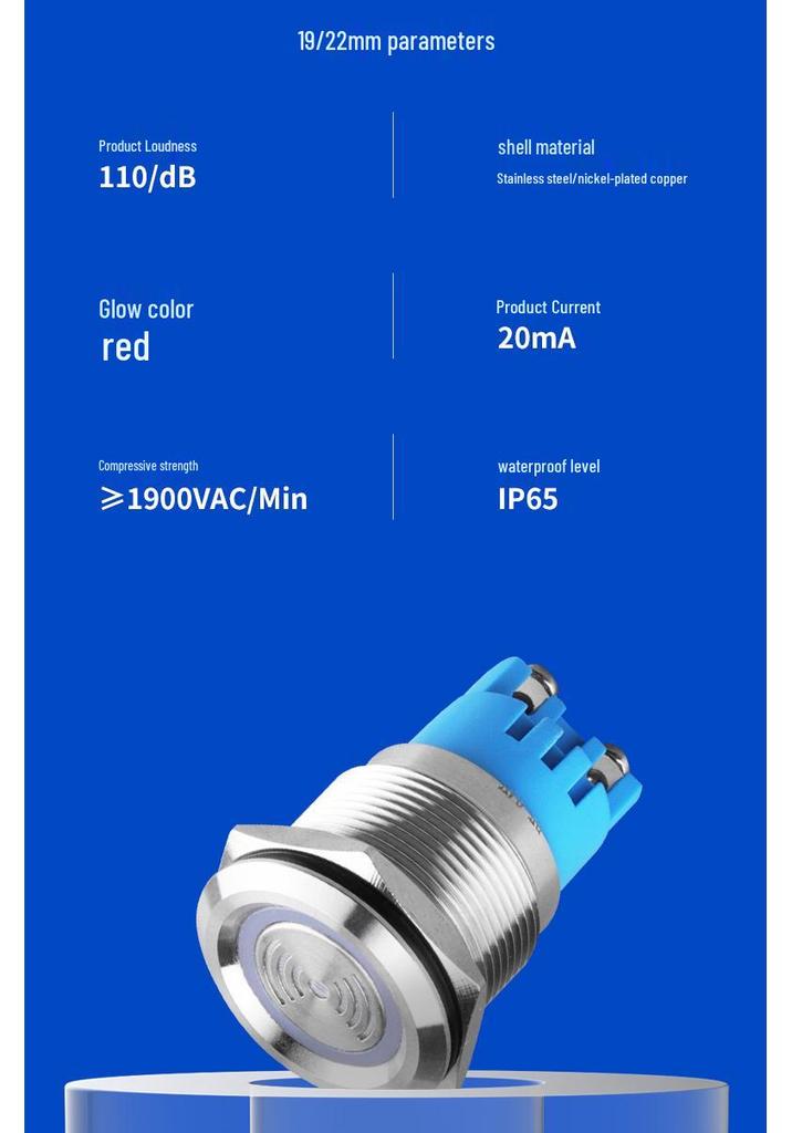 19mm/22mm Stainless Steel LED Flashing Buzzer, Intermittent Sound, 12V/24V