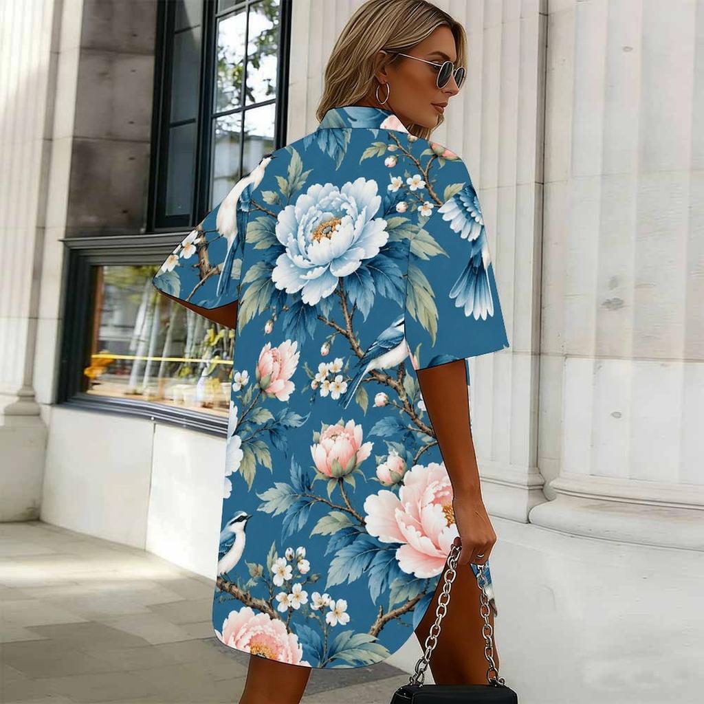 Women Plus Size White Floral Printed Collared Short Sleeve Button Front Curved Hem Shirt Dress