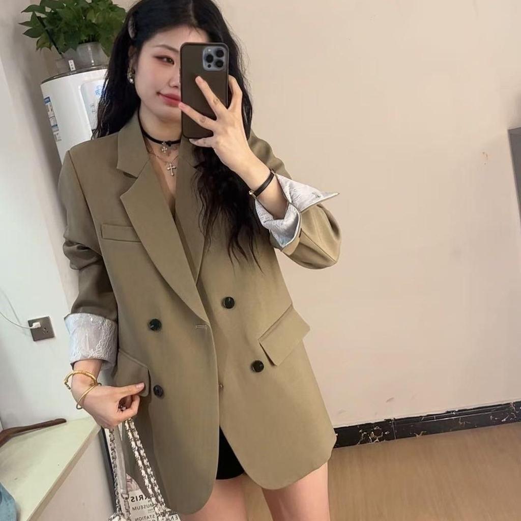 Trendy Spliced Blazer Spring Autumn Korean Style Loose Casual Suit Jacket Women Lace Trim Fashion Office Wear