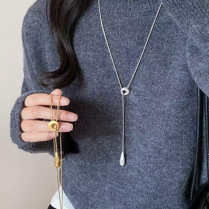 Simple Water Droplet Pendant Necklace For Women  Irregular Metal Smooth Long Y-Shaped Necklace Sweater Chain Jewelry