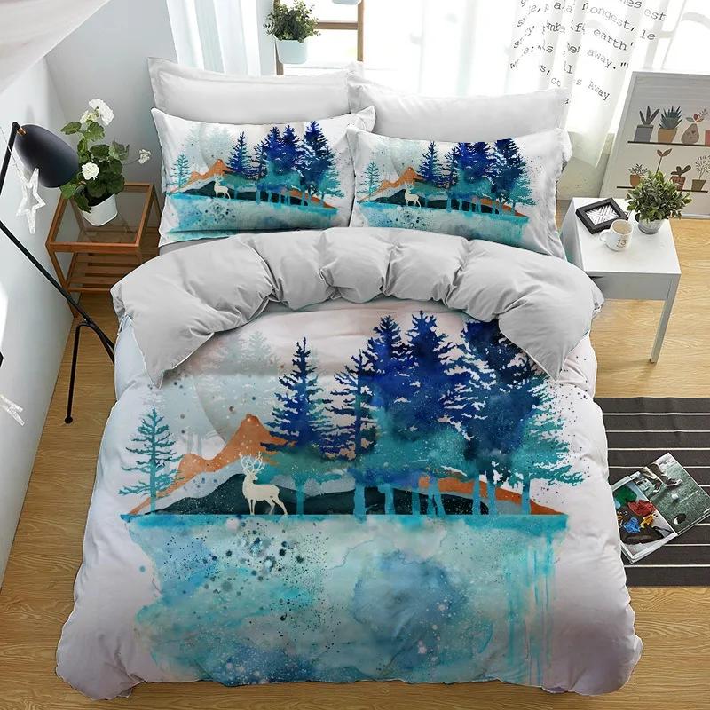 Forest Deer Duvet Cover&Pillowcases,Woodland Animal Print Bedding Set,Cozy Nature Bedroom Decor&Serene Gift for Nature Lovers