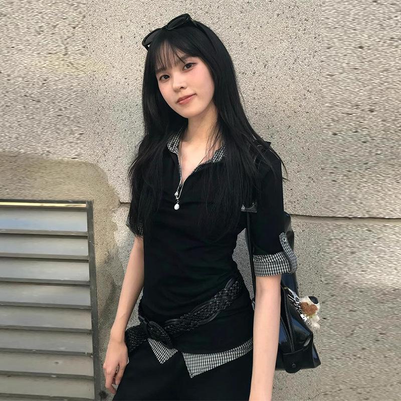 

Женские футболки, топы, шикарные, контрастные, клетчатые, повседневные, модные XL чёрный