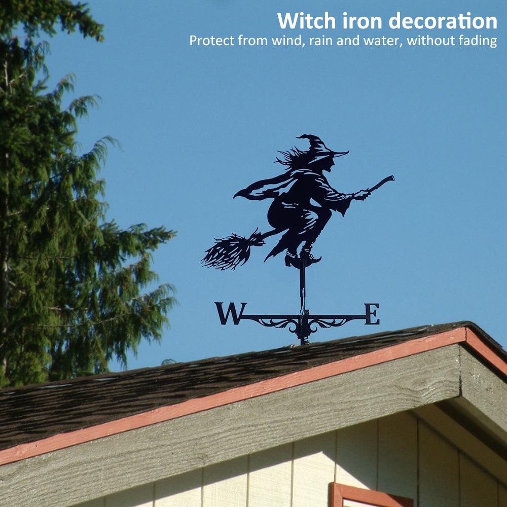 Retro Witch Shape Weathercock Iron Weather Resistant Wind Direction Indicator Creative Weathervane Halloween Garden Roof Decor