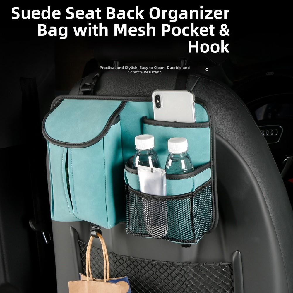 Car Seat Back Organizer Storage Bag with Suede Leather Tissue Holder Hanging Mesh for Car Interior Storage 345x245x58mm