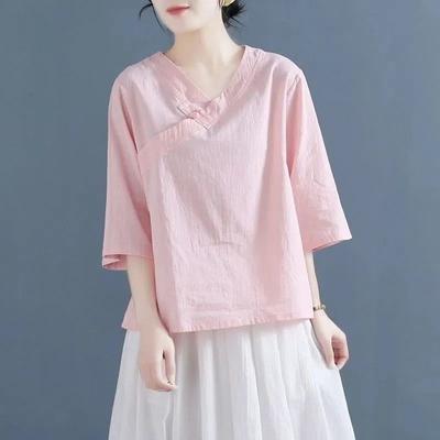 Sommer-T-Shirt aus reiner Baumwolle mit Tellerschnalle und V-Ausschnitt, Retro, Übergröße, lockeres Oberteil für Damen, chinesischer Stil, Zen-Teeanzug für Damen, T-Shirts