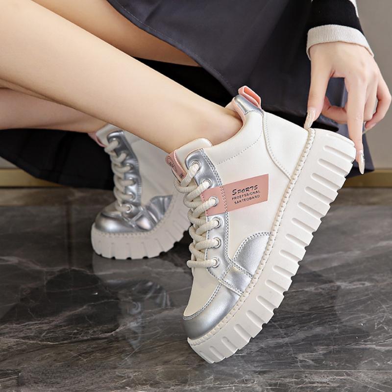 European American Color Blocking High Top Women's Shoes 2024 Spring Autumn Season New High Rise Thick Sole Sports Board Shoes