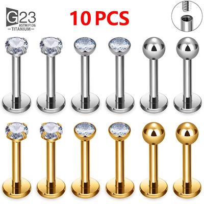 10 Piezas ASTM F136 Titanio 2/3/4mm CZ Labret Stud 16G Tragus Hélix Cartílago Concha Flatback Perforación Lóbulo de la Oreja Cuerpo Zircón
