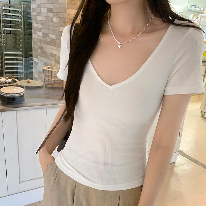 Fashion Short Sleeve V-neck Backless Sexy Women's T-shirt Summer Slim Fit Casual White Tee Tops Office Lady Solid Elegant Woman Knitted T Shirts 24982