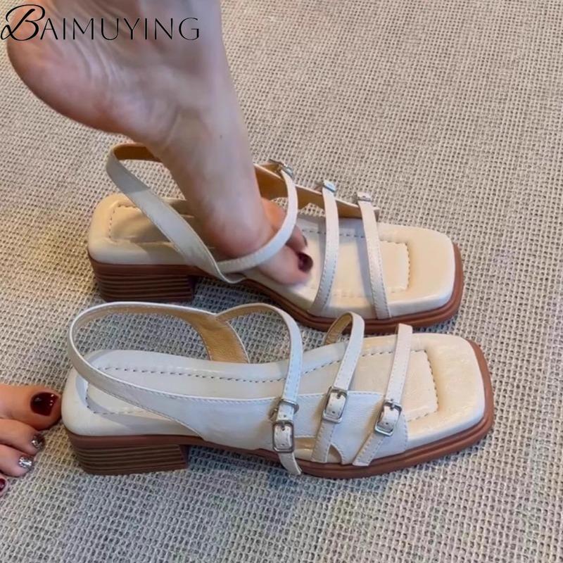 Fashion Women Square Toe Buckle High Heels Shoes Woman Heeled Sandals 2025 Trend Summer Shallow Dress Slingback Pumps Soft Sole Zapatos