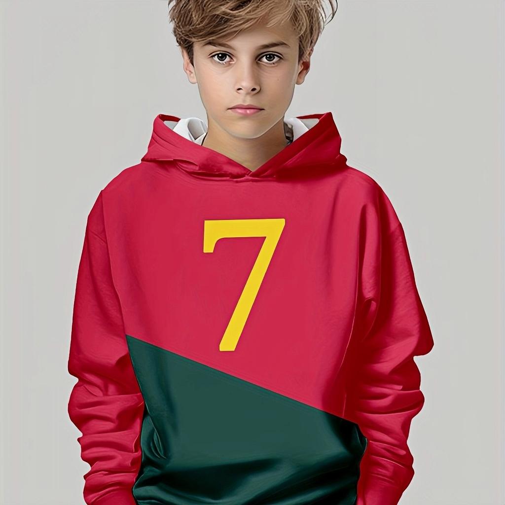 Boys' 3D Printed Casual Hoodie - Long Sleeve Hoodie, "Size 7" Design, Red Green Blocks