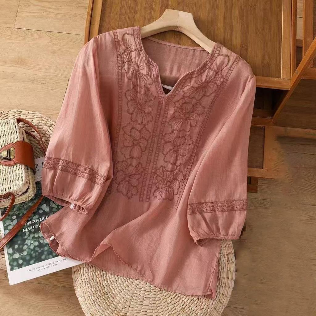 Fashion Women's Shirt Five-quarter Sleeve Spring And Summer Loose Top Embroidered Shirt