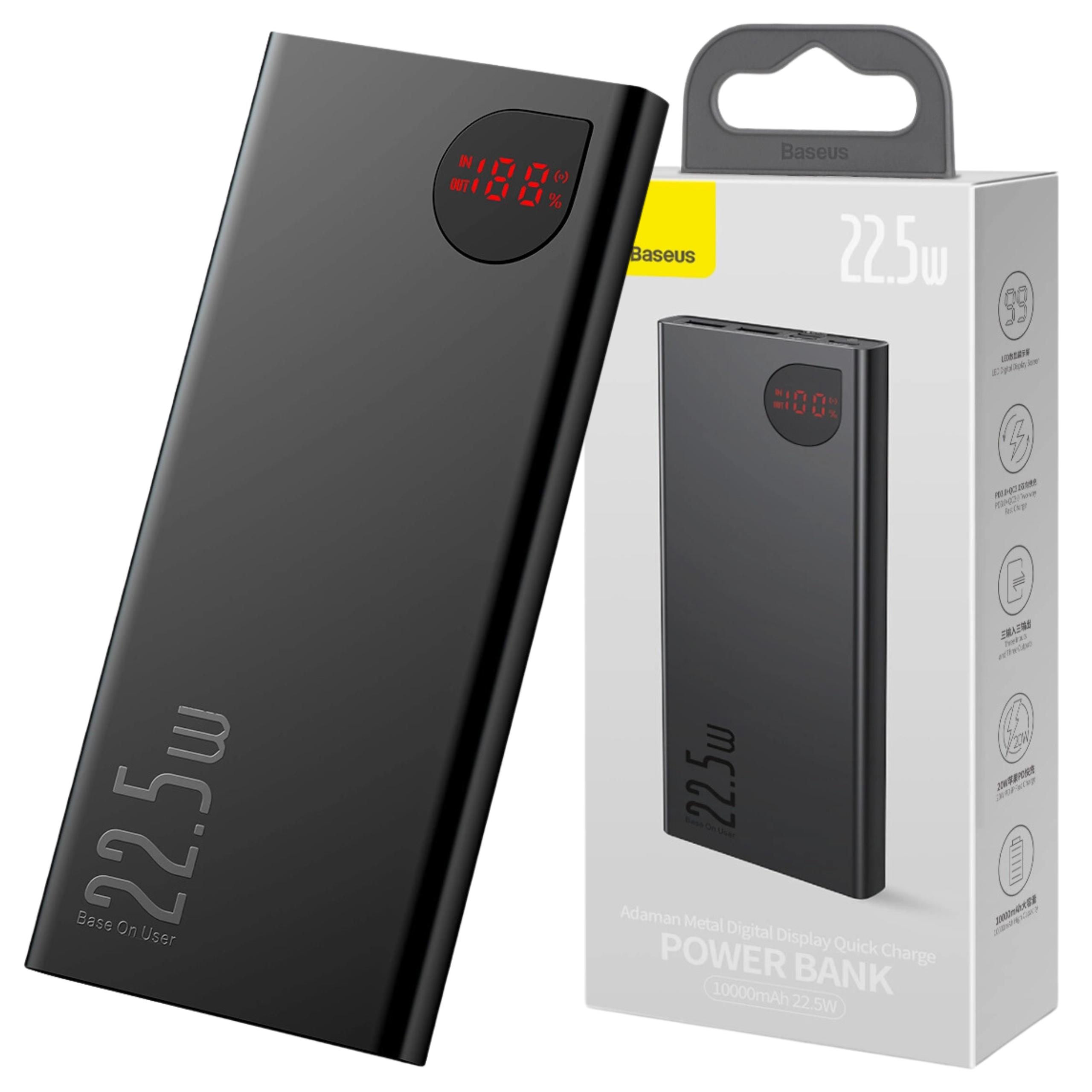 Powerbank Baseus Adaman Metallo, 10000mAh, 2xUSB, USB-C, Lightning, MicroUSB 22.5W (Nero)