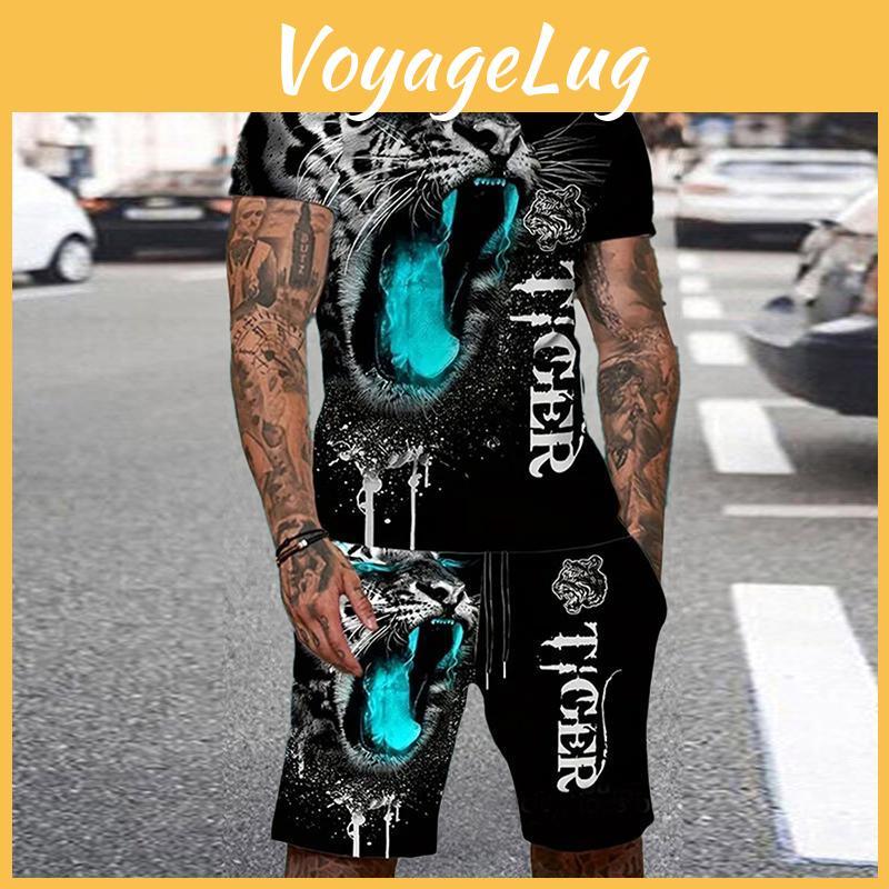 O Short Summer Mens Neck Sleeve Shorts Set 3d Tiger Printed Casual T Shirt Cool Personalized Streetwear Set Mens Sportswear
