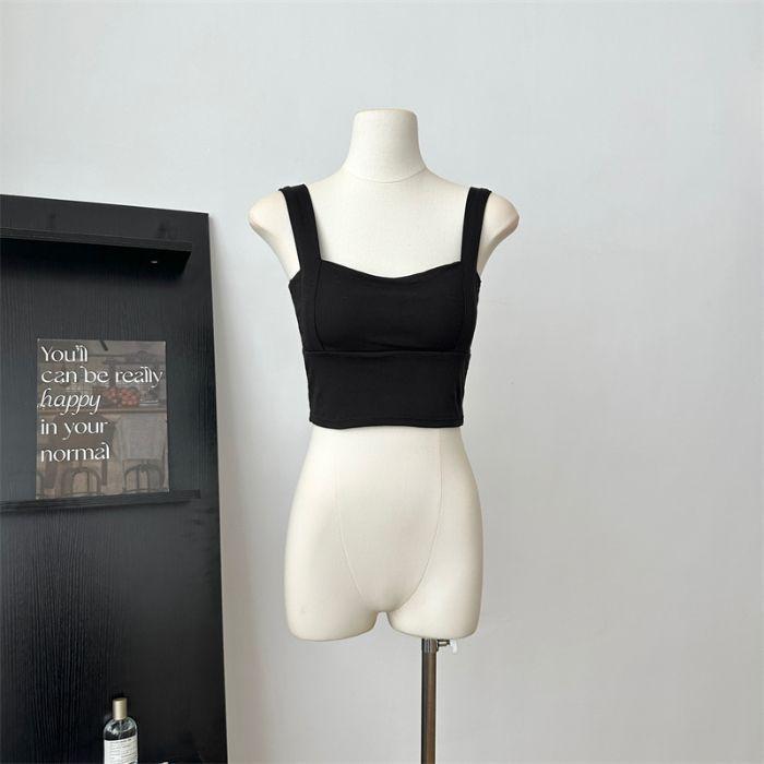 

Однотонный короткий жилет на подтяжках для женщин с летней одеждой, новые корейские нагрудные накладки на шнуровке, красивый топ без рукавов сзади One size чёрный