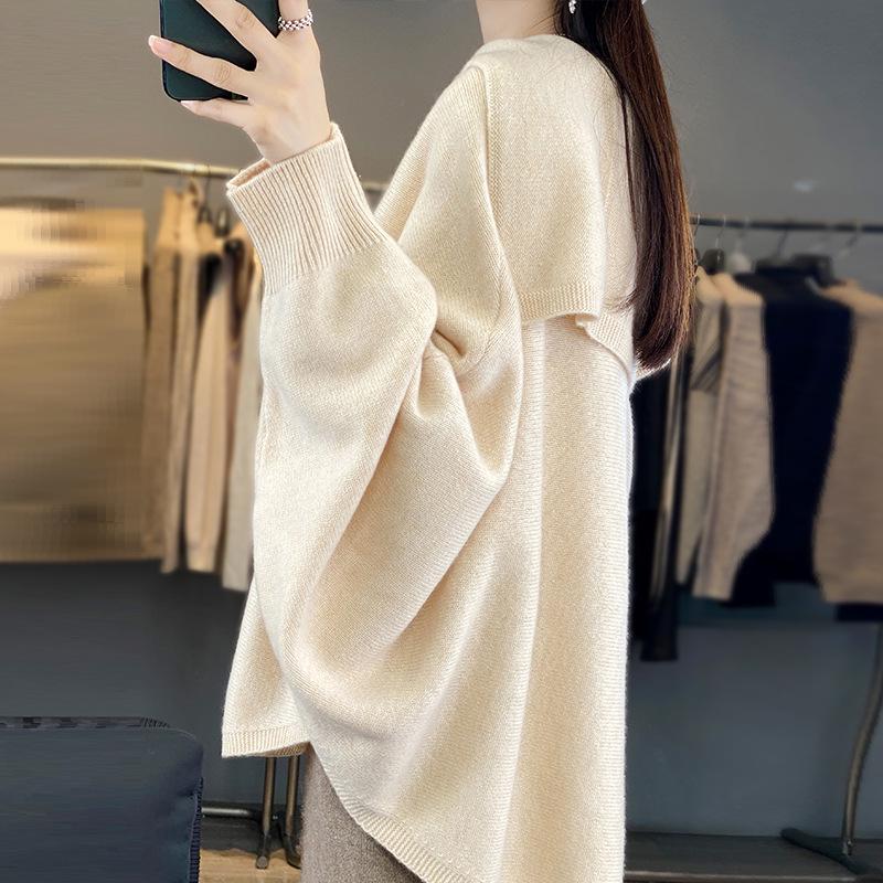 Women's 100% Wool V-Neck Batwing Sleeve Sweater, Versatile Knitted Top for Autumn & Winter