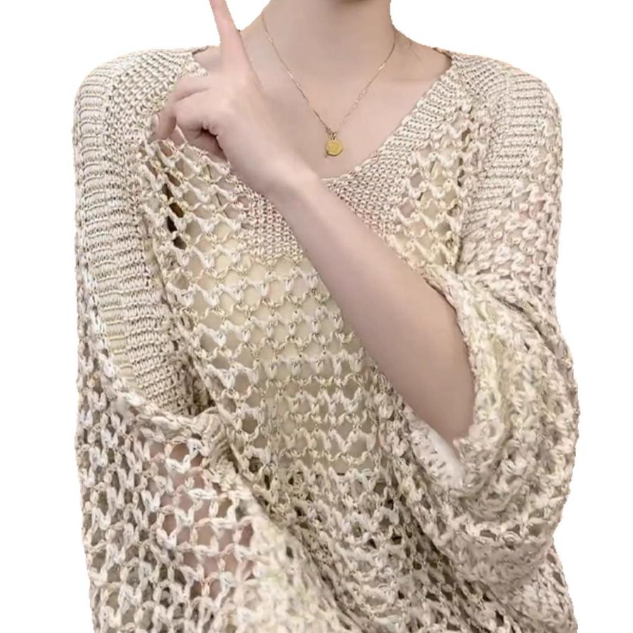 Summer New Hollow V-Neck Sunscreen Knit Shirt Women's Loose Casual Teen Thin Set Top