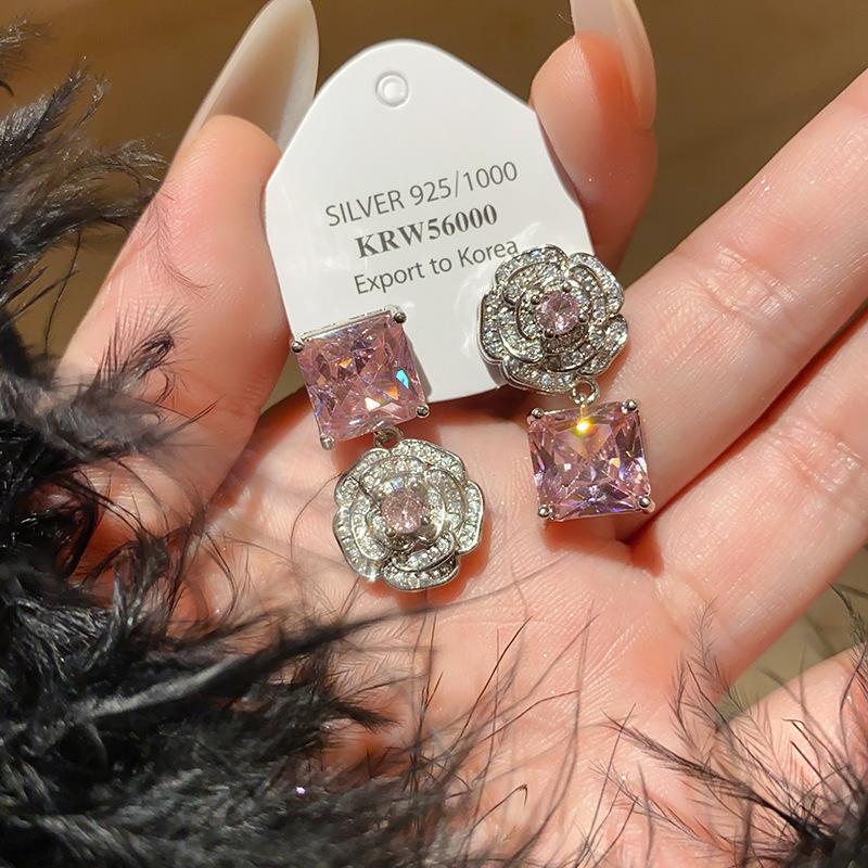 Flower Cluster Princess Pink Rose Small Sugar Cube Zircon Ring Earrings Necklace Set Light Luxury High-end Jewelry