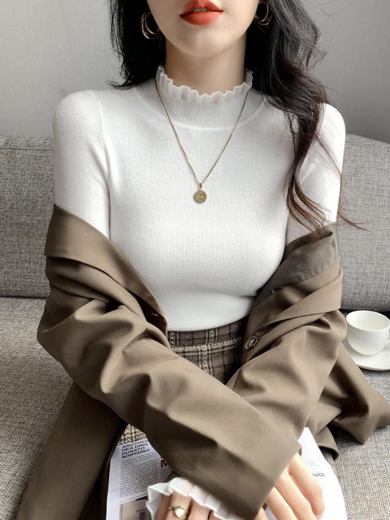 Lace lace inner top spring semi-turtleneck knitted sweater women's solid color high-end slim-fit bottoming shirt