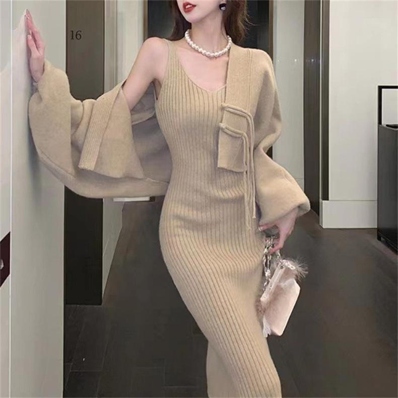 Ensfarvet V-hals Strikket Dress Dame 2025 Høst og Vinter Mild Langermet Cardigan Topp Allsidig Løs Genser Medium og Lang Skjørt