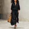 Completo 2 Pezzi Donna Bohemian Tinta Unita Collo a Revers Manica 3/4 Gonna a Vita Alta con Spacco