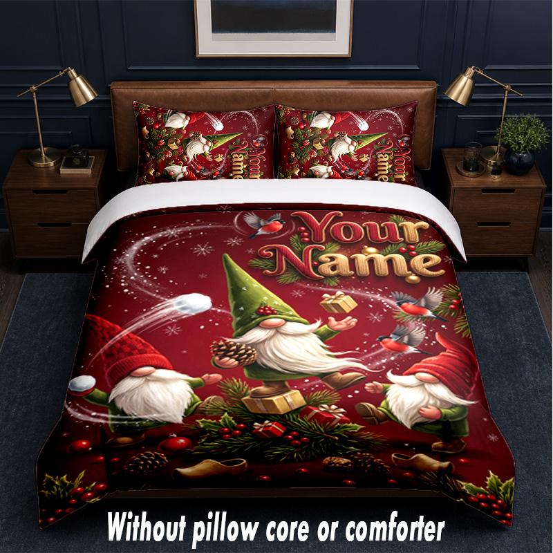 Gnome Theme Custom Text Or Name 3Pcs Bedding Set,1 Flat Sheet & 2 Pillowcases Personalized Home Bedding