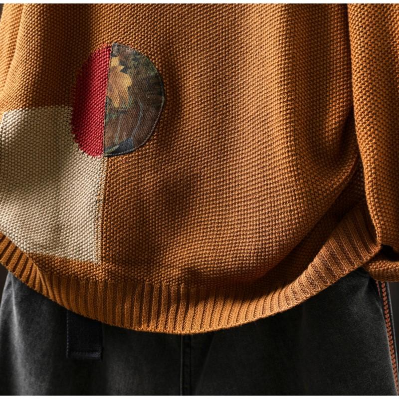 Johnature Dámské vintage patchworkové pulovry jednobarevné s kulatým výstřihem a dlouhým rukávem pletené oblečení podzimní svetry