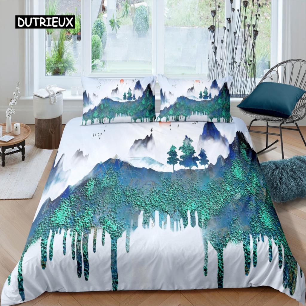 Natural Landscape King Queen Duvet Cover Comic Ink Painting Style Bedding Set Adults Tree Mountain River Polyester Quilt Cover