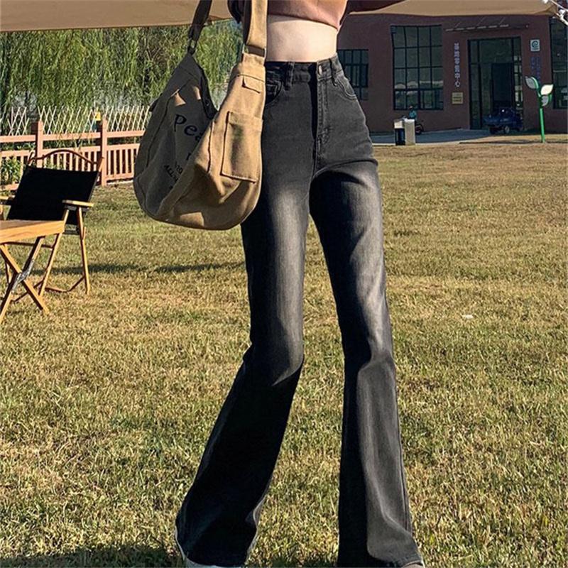 Spring Autumn High Waist Stretchy Slimming Skinny Trumpet Denim Pant Korean Trousers Solid Color Basic Women Classic Flared Jean