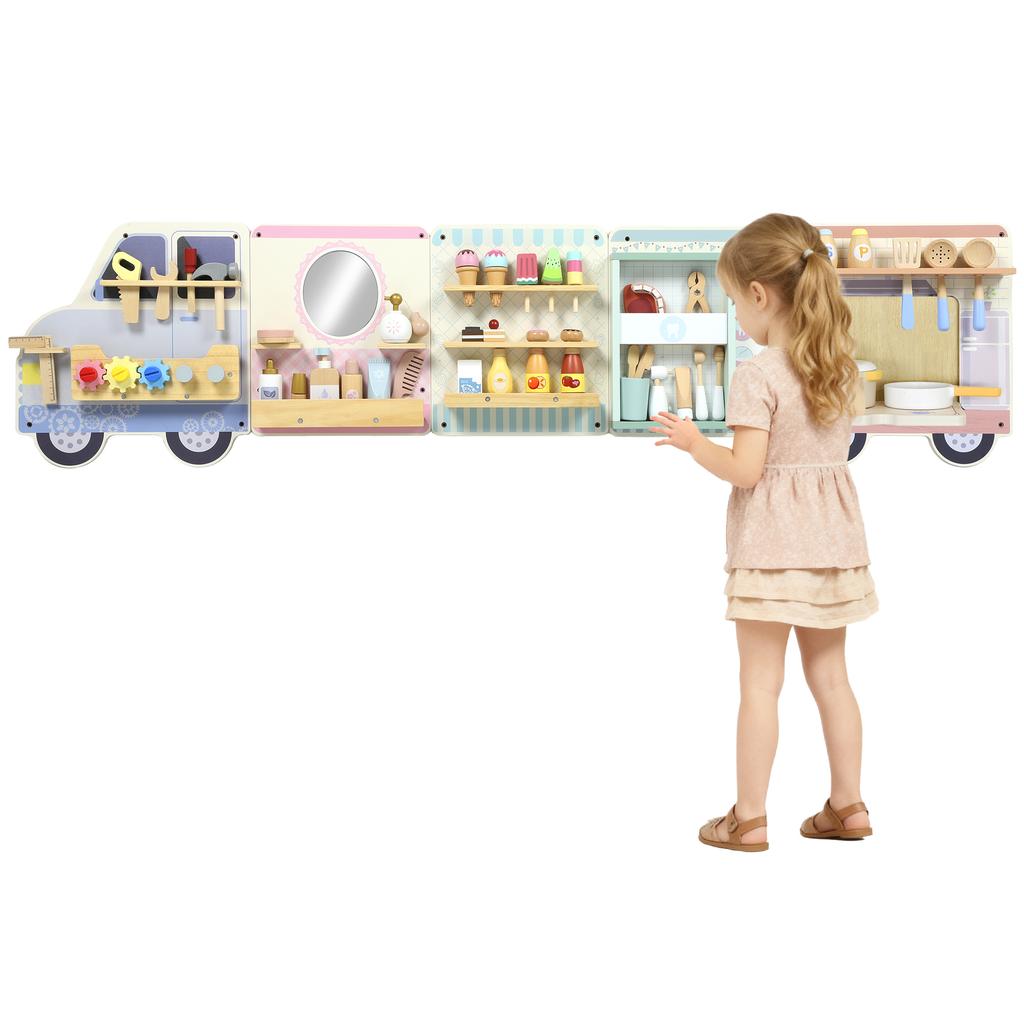 Wooden Busy Board, 5 in 1 Activity Wall Panels for Kids 3+ Years, for Daycare, Playroom, Home