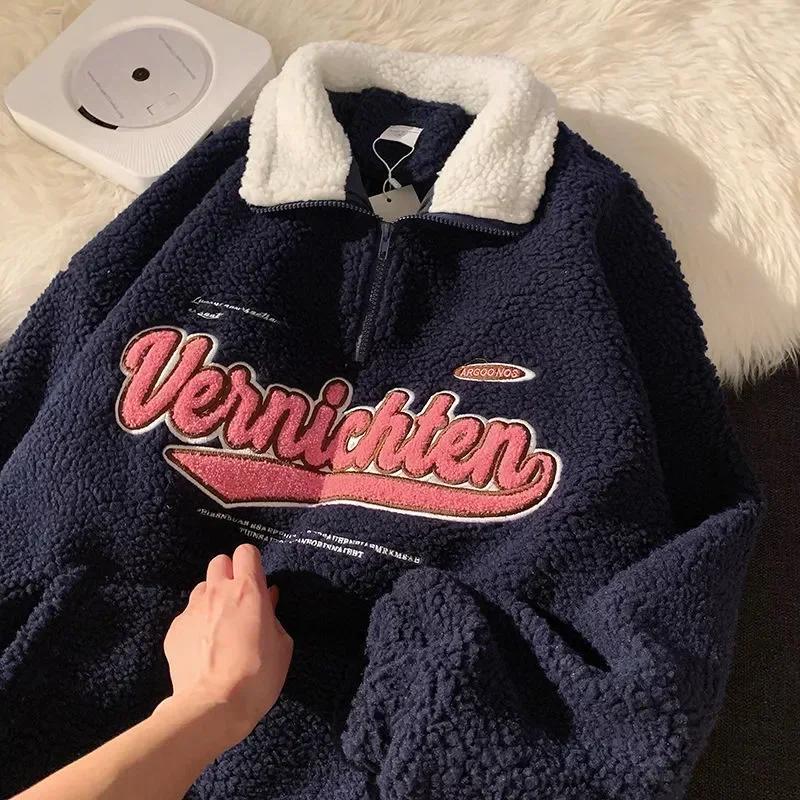 Vintage Lamb Woolen Sweatshirt Women Embroidery Letter Hoodies Winter Warm Fleece Coat Women Fashion Oversized Baseball Streetwear