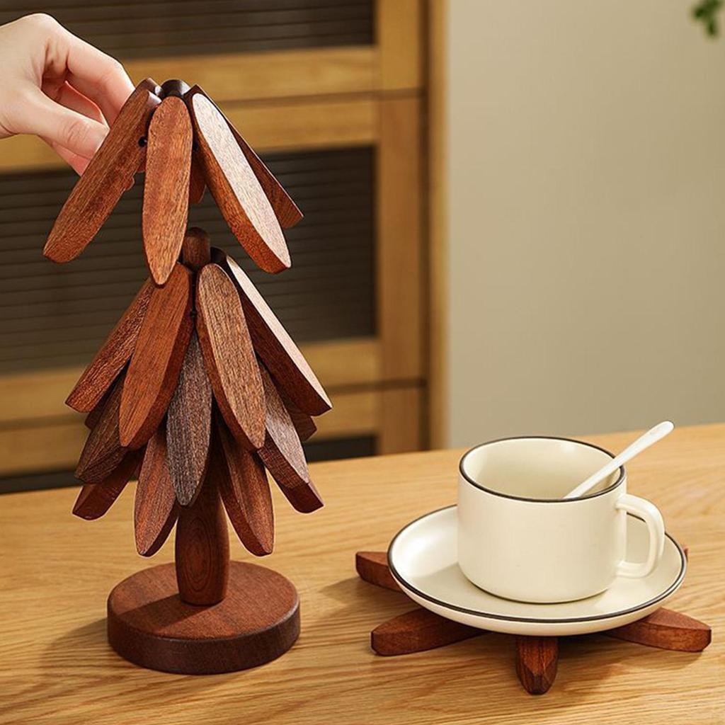 4pcs Wood Trivet Tree With Bracket/ Tree Trivet Wooden Coaster Non-Slip Cup Coaster Set Table Mat Holders Heat Insulated Pad