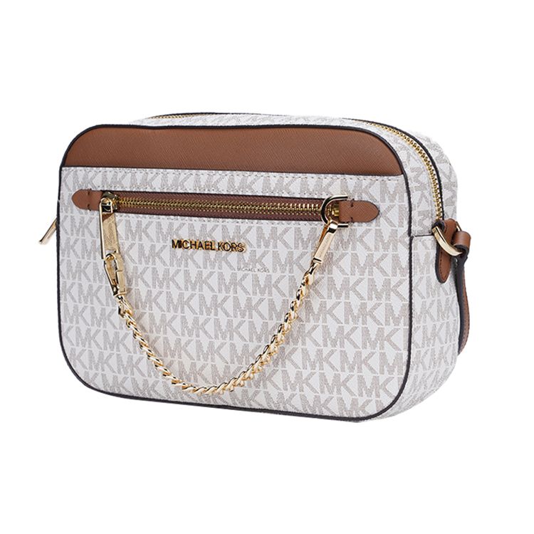 Michael Kors Mk Jet Set Monogram Logolu Zincirli Kamera Çantası Kadın Omuz Çantası Vanilya 35S1GTTC9B-VANILLA