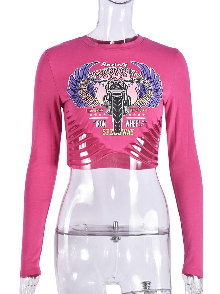 TD Spice Girl Style European and American Crew Neck Navel Cut Women's Wear Versatile Skinny Letter Long Sleeve Top T-Shirt