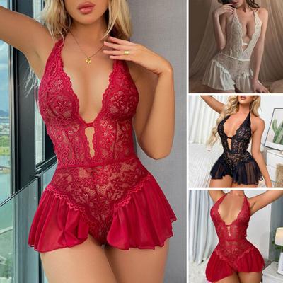Women Sexy Nightdress Hollow Out See-through Lace Slim Fit Sleeveless Backless Deep V Neck Lace-up Halter Neck
