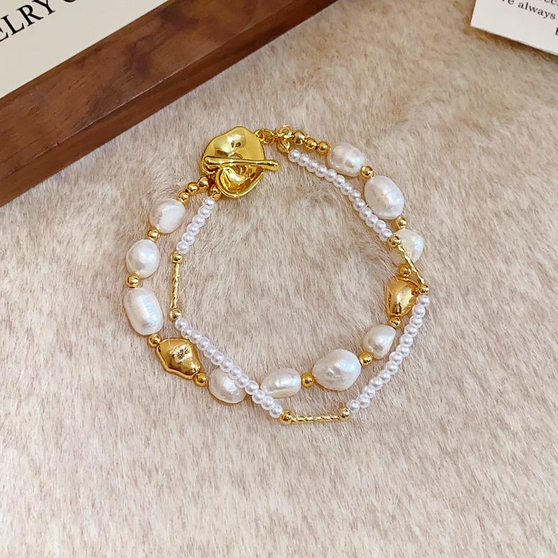 

Двухрядный браслет из пресноводного жемчуга, браслет нишевого дизайна в стиле легкой роскоши, модное универсальное украшение для женщин
