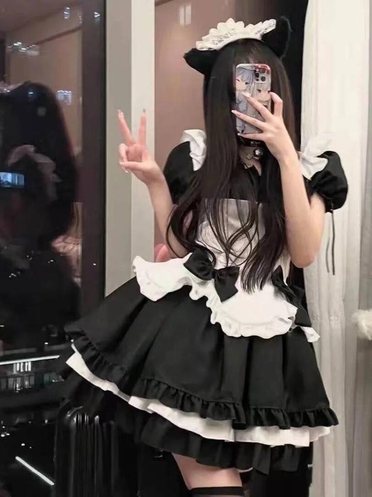 Cute Soft Girl Lolita Maid Outfit Daily Plus Size Lace-Up Maid Anime Costume Stage Dress Elegant Sweet Fashion Women Tops Mp6S