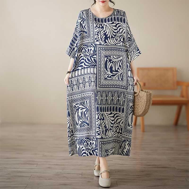 Fat MM Large Size Women's Clothing Literary and Retro Mid-year Mother Clothing Round Neck Sleeveless Loose Extra Large Cotton and Linen Dress Women