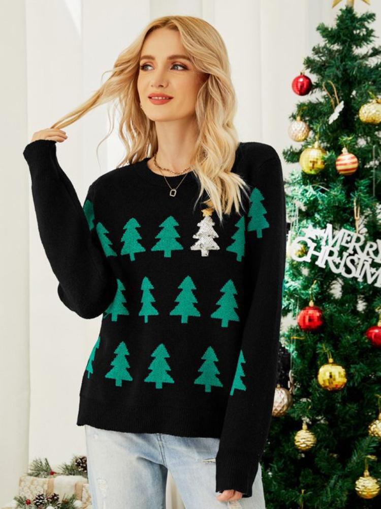Women's autumn and winter pullover jacquard Christmas tree knitted sweater long sleeved red Christmas sweater