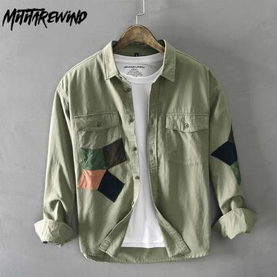 Spring/Autumn Cargo Long Sleeve Shirts for Men New Fashion Streetwear Causal Overshirt Double Pockets Stitching Shirt Pure Cotton Men Clothing