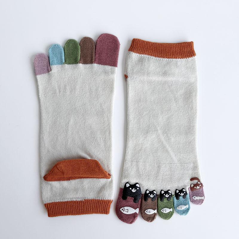 1/5 Pairs Toe Socks Women Girl Cotton White Cute Cartoon Bear Fish Print Soft Beautiful Fashions Ankle Boat Five Finger Socks