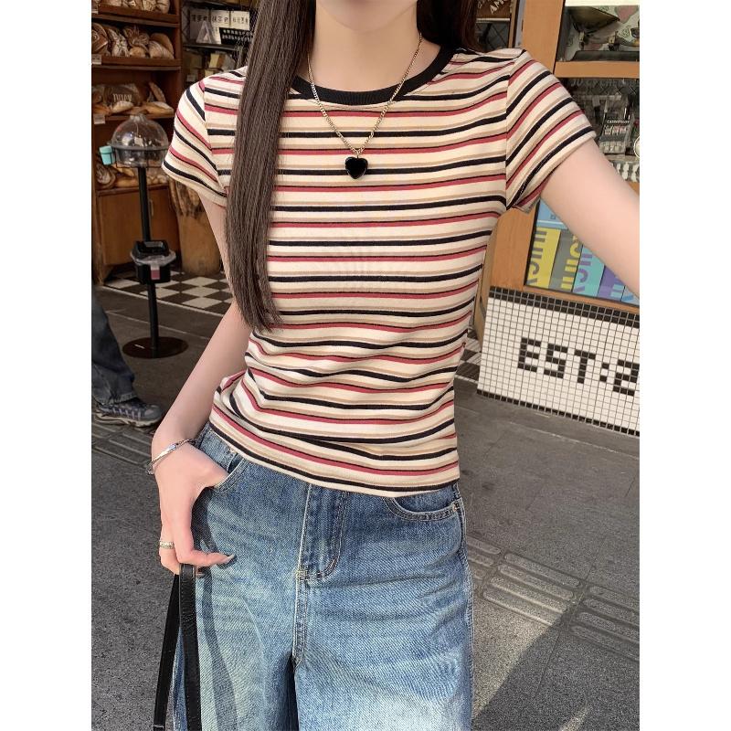 2026 Summer New Style Contrast Color Striped Short Sleeve T-Shirt for Women, Slim Fit and Versatile Top