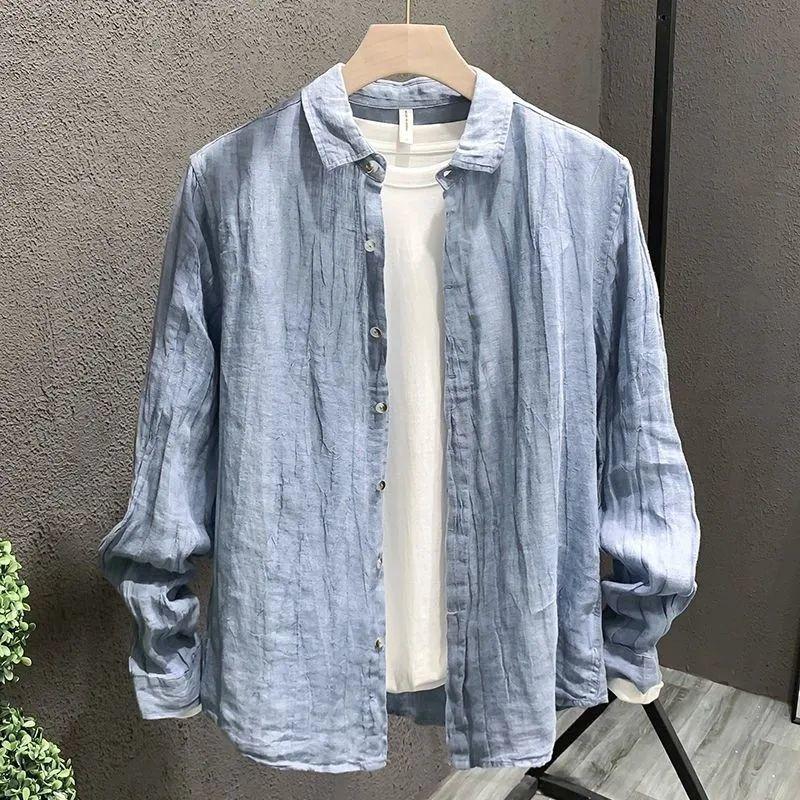 Spring and Autumn Men's Linen Solid Color Lapel Long-sleeved Shirt Trend All-match Loose Casual Shirt Jacket Men