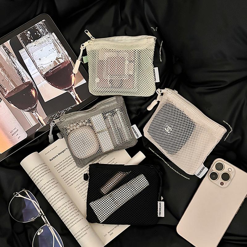 Travel Makeup Storage Bags  Mesh Coin Purse Simple Portable Mini Bag Multi-Purpose Square Bag Double-Layer Zipper Card Holder