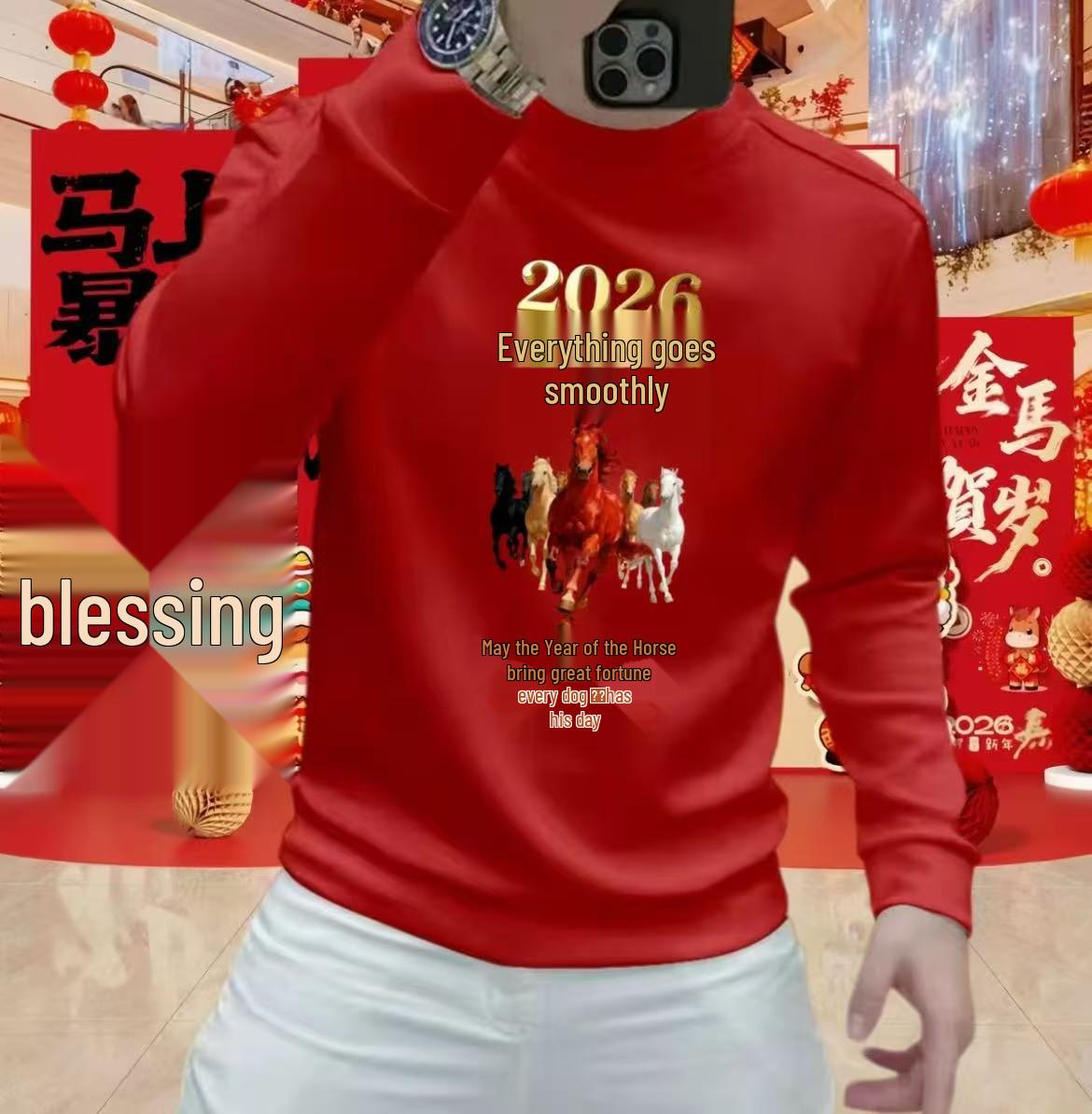 Men s Crewneck Hoodie - Year of the Horse, Winter Velvet, Trendy Casual Long Sleeve Top, 2026 Collection L